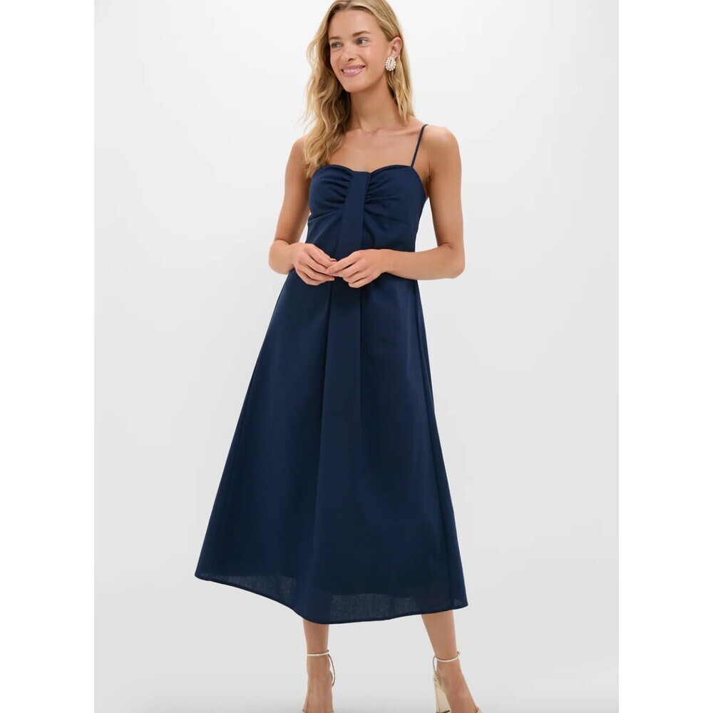 Hyacinth House NWT Navy Linen Front Pleated Zoe Dress Size Large Tuckernuck Midi